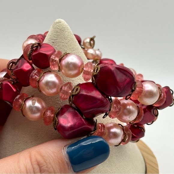 Vintage Light Pink Dusty Rose Faux Pearl Layered Beaded Cuff Wire Bracelet - Picture 3 of 9